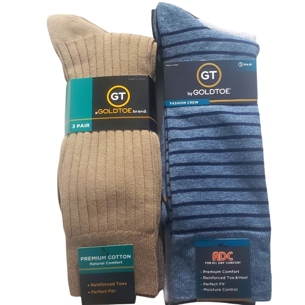 GoldToe Men Socks Six Pair Lot w/3 Premium Cotton Pairs 3 Fashion Crew Pairs